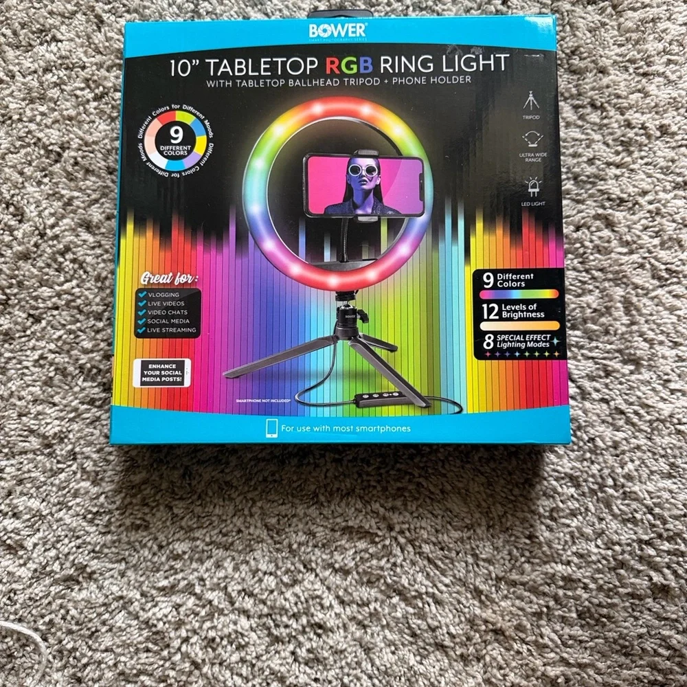 Bower 10" RGB Tabletop Ring Light with Phone Holder - Black - Picture 4 of 6